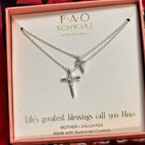 N40. FAO Schwarz Mother Daughter Cross Swarovski Pendant Necklace Gift Box